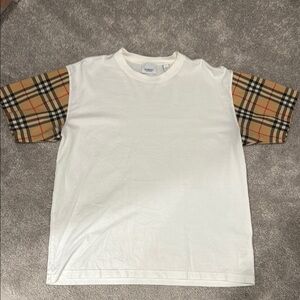 Burberry Tan and White Short Sleeve Tee with Plaid Accents